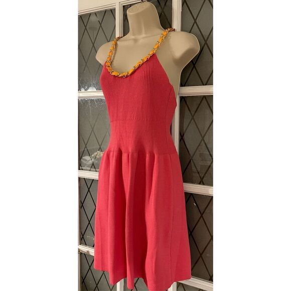 Zara Chain Strap Sleeveless Rib Knit Fit And Flare Dress Hot Pink Size Large - Picture 3 of 9